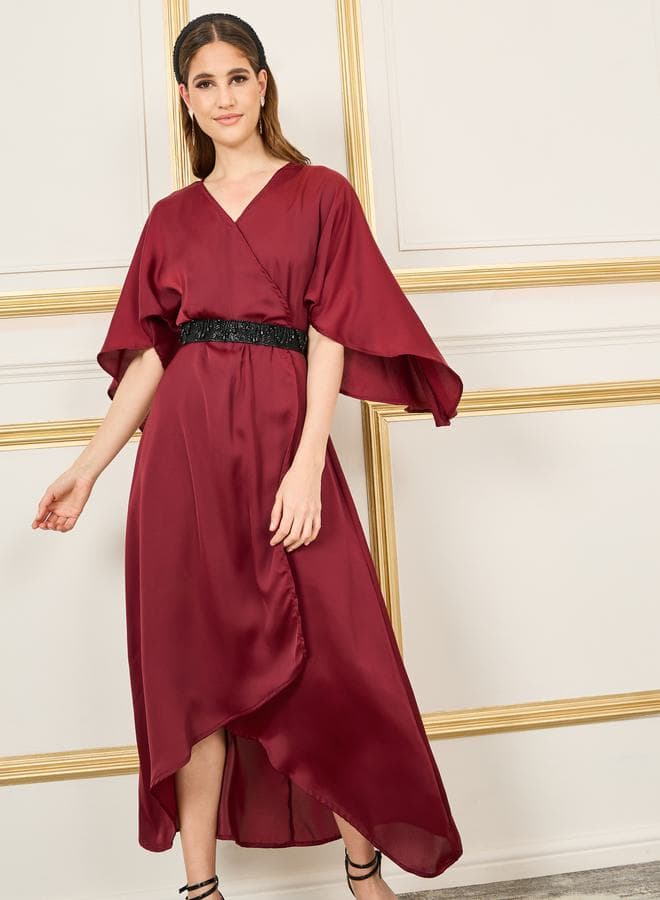 Styli Satin Asymmetric Hem Midi Dress with Beaded Belt - Image 1