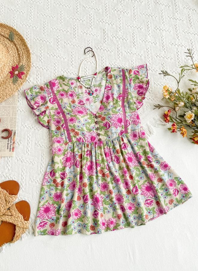 Floral Print V Neck Blouse - Image 1