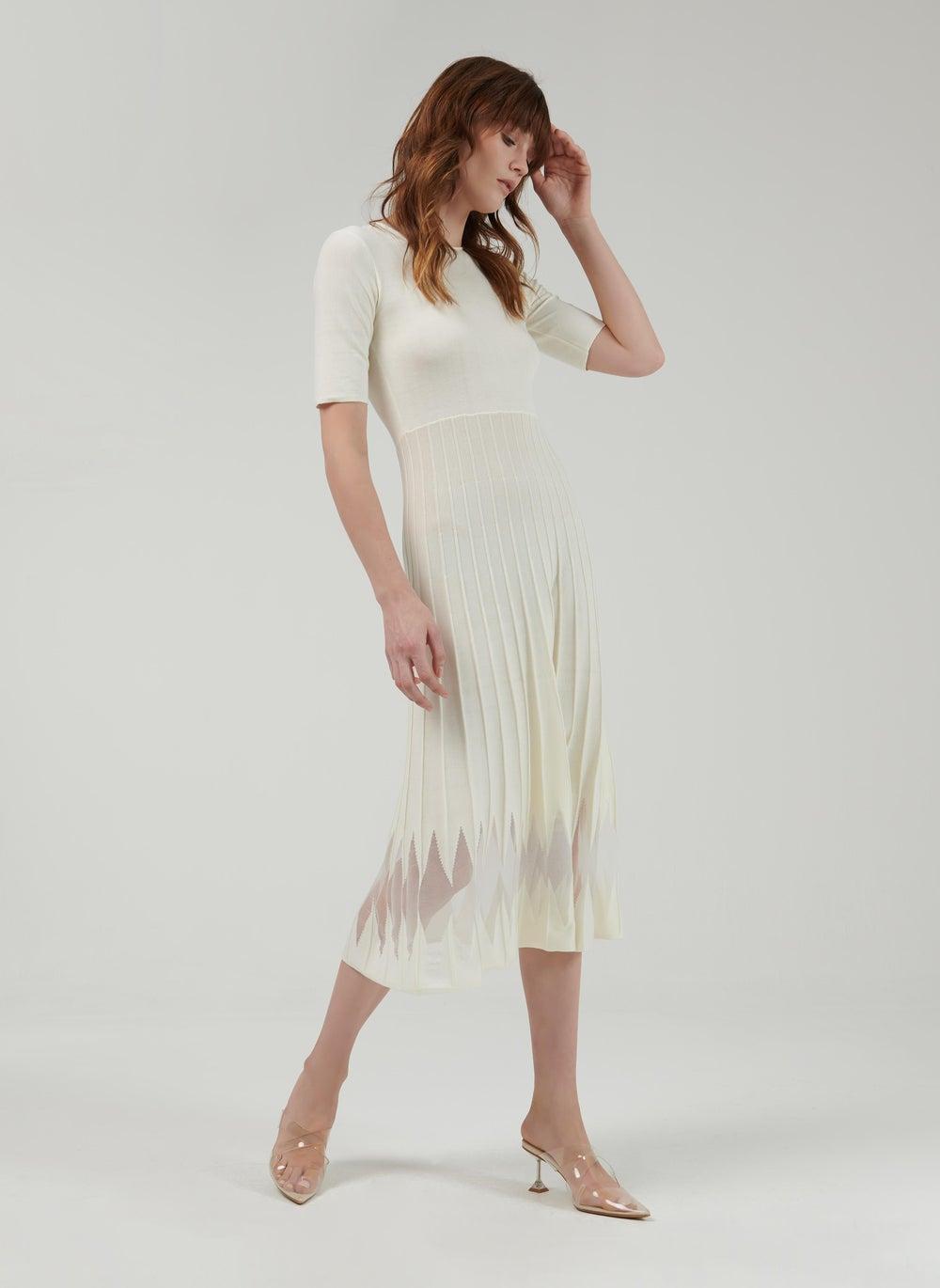 Off-White Mesh Knitted Dress with Defined Waist - Image 1