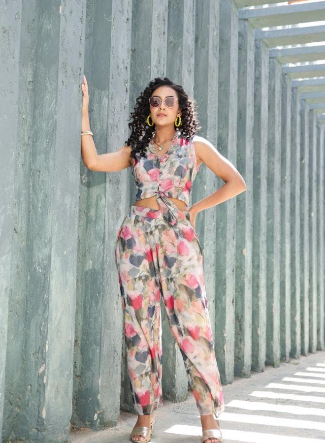 Pink Floral Print Sleeveless Top & Plazzo Co-ord Set - Image 1
