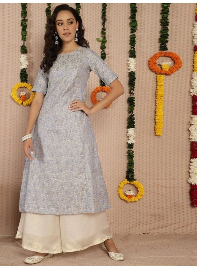 Grey Banarasi Jacquard A-Line Kurta - Image 1