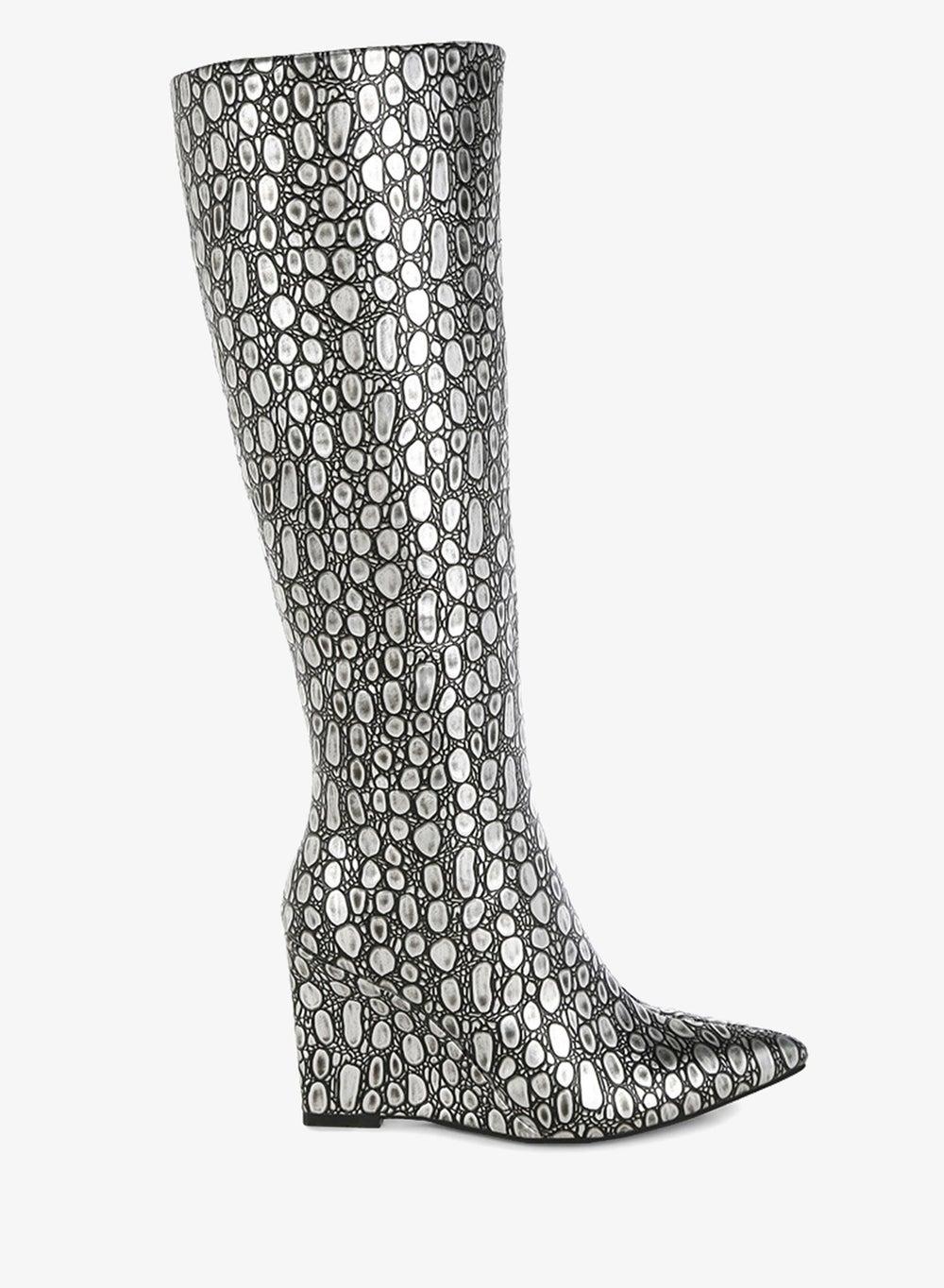 Black Silver Tear Shaped Faux Leather Knee Boots - Image 1