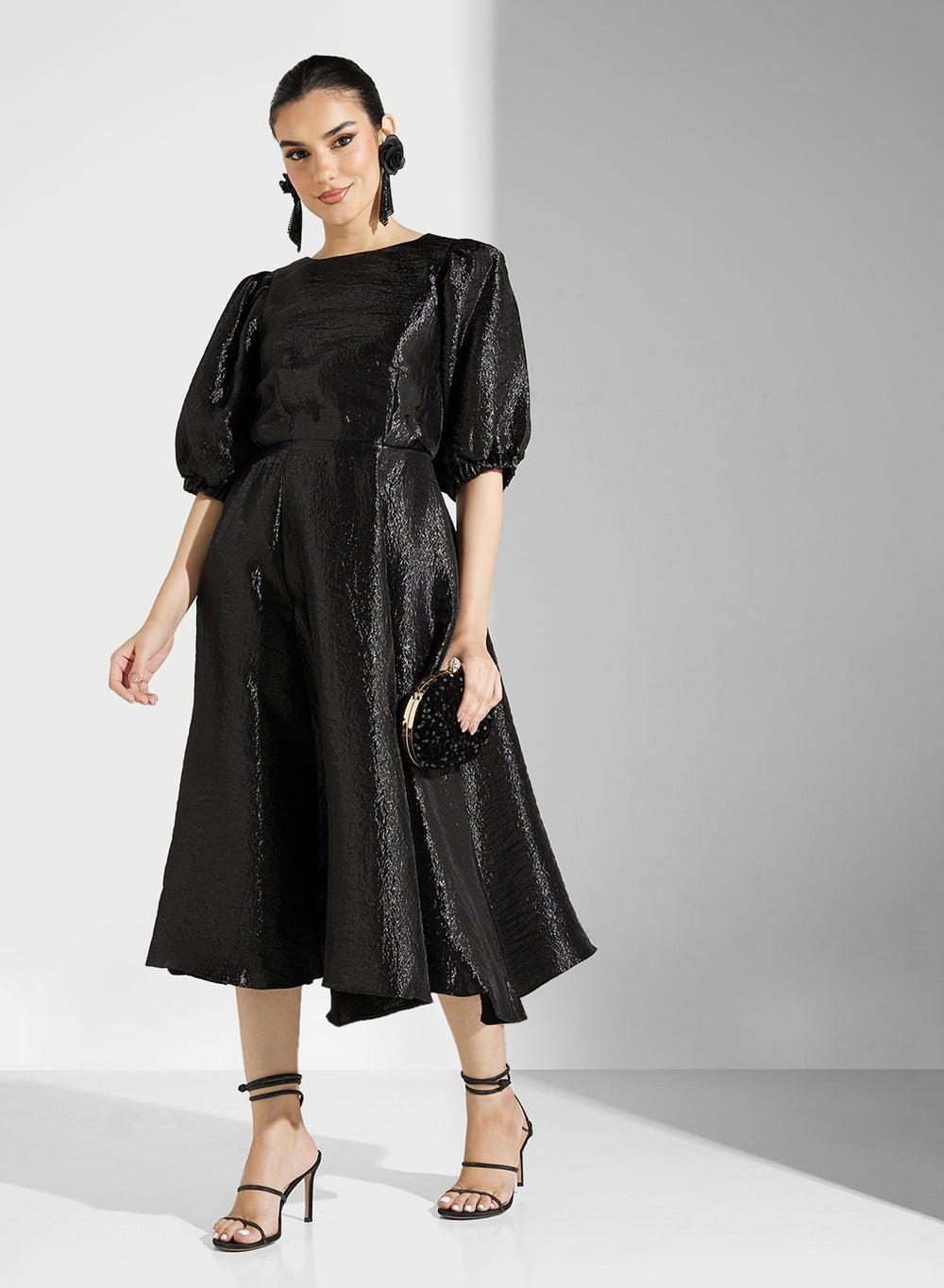 Textured Black Puff Sleeve Midi Dress - Image 1