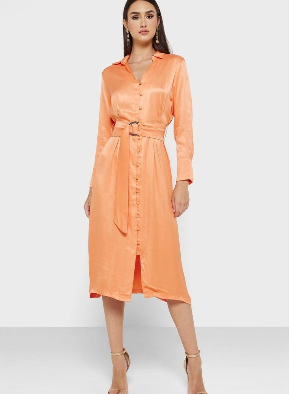 Silk Orange Long Sleeve Collared Midi Shirt Dress - Image 1