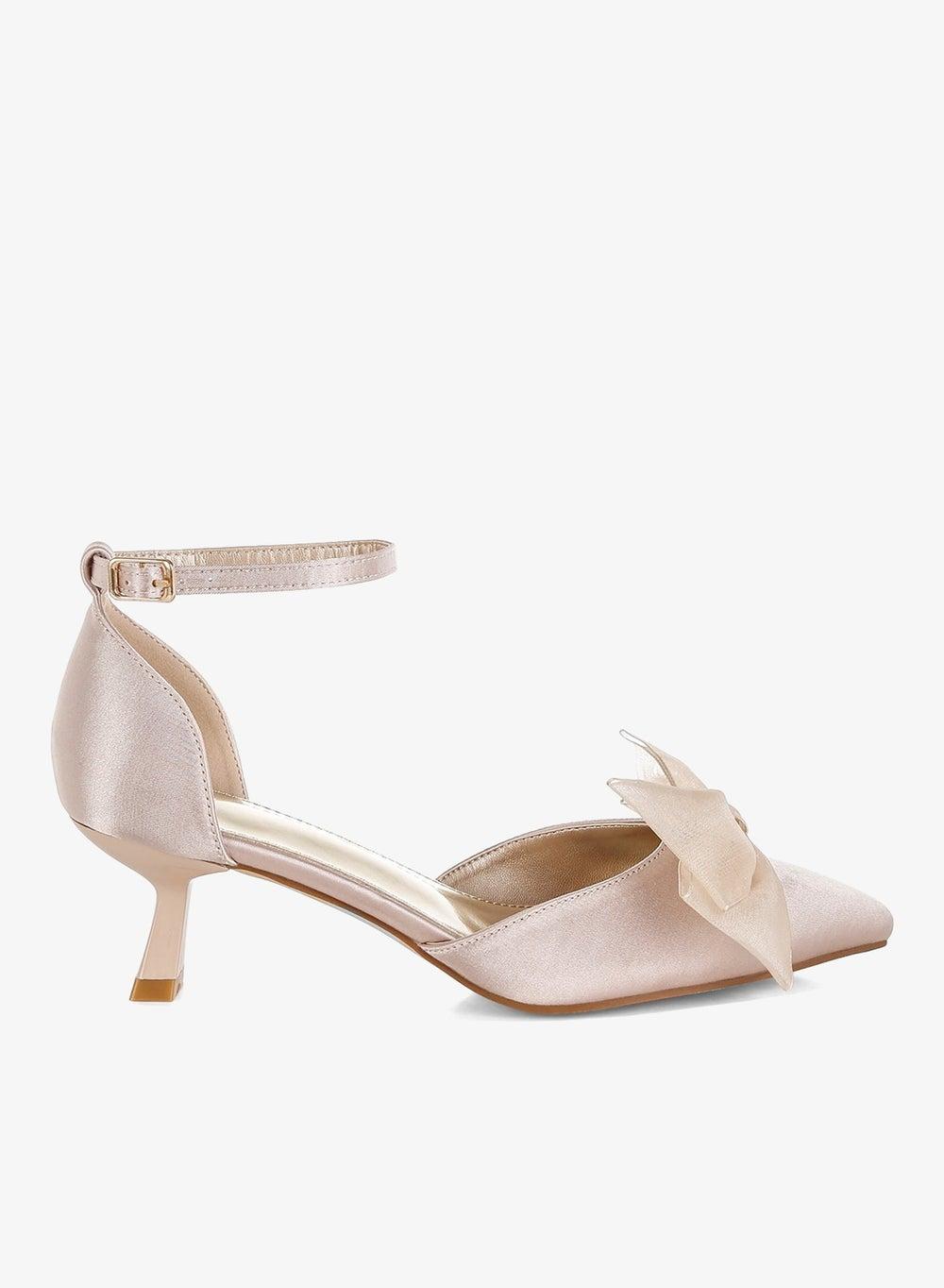 Beige Bow Detail Satin Kitten Heel Pumps - Image 1