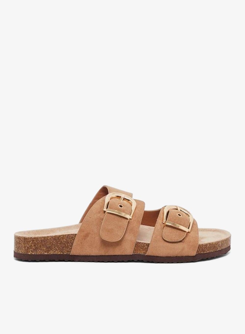 Styli Suede Look Slip-On Flat Sandals with Buckle Detail - Image 1