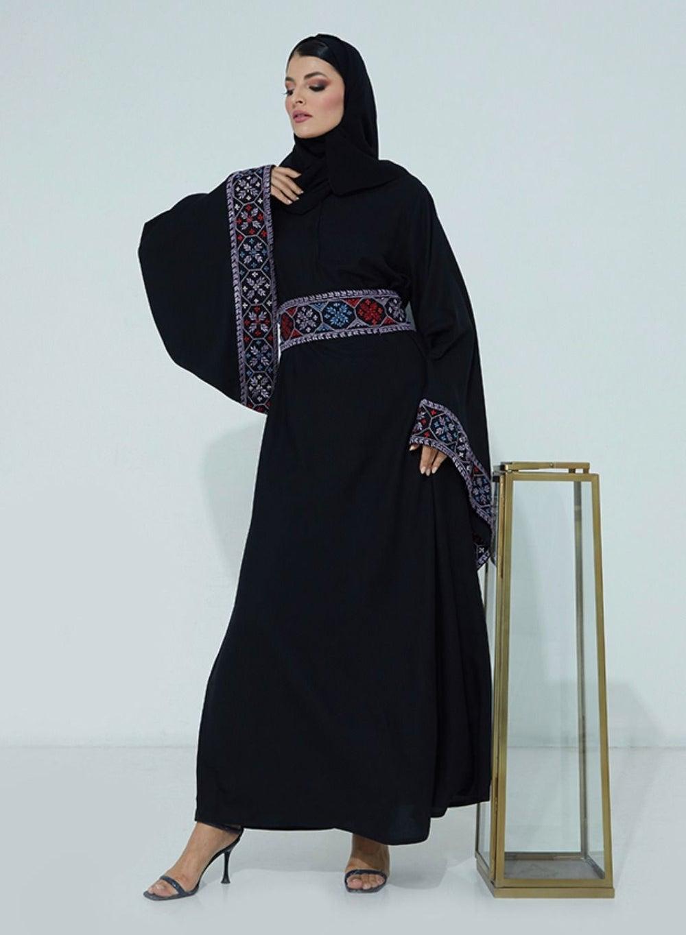 Black Abaya with Purple Palestine Embroidery - Image 1