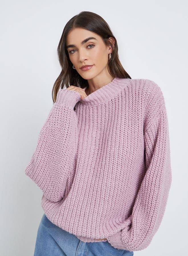 Pink High Neck Chunky Knit Sweater - Image 1