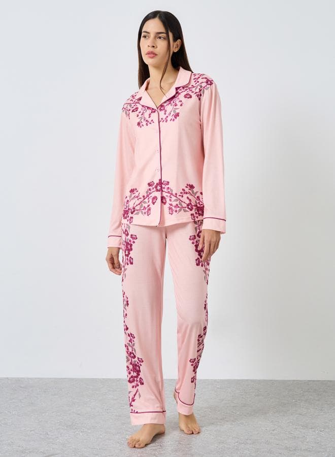 Styli Pink Floral Buttoned Shirt and Pyjama Set - Image 1