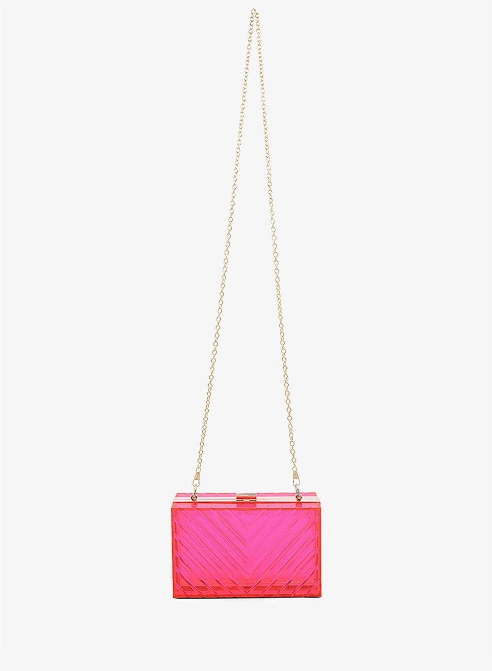 Fuchsia Clear Clutch with Chevron Pattern and Chain - Image 1