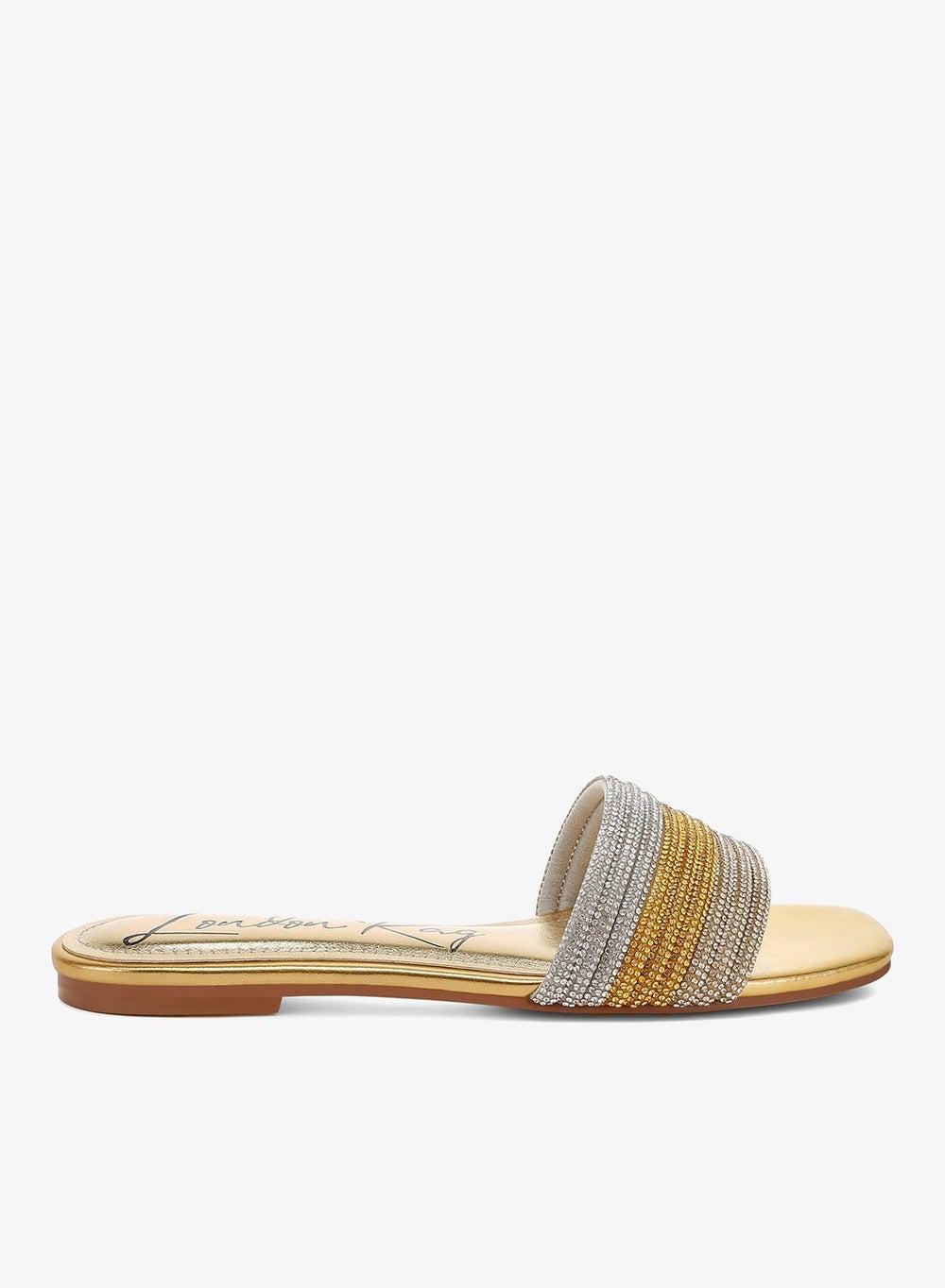 Gold Rhinestone Strap Slip-On Flat Sandals - Image 1