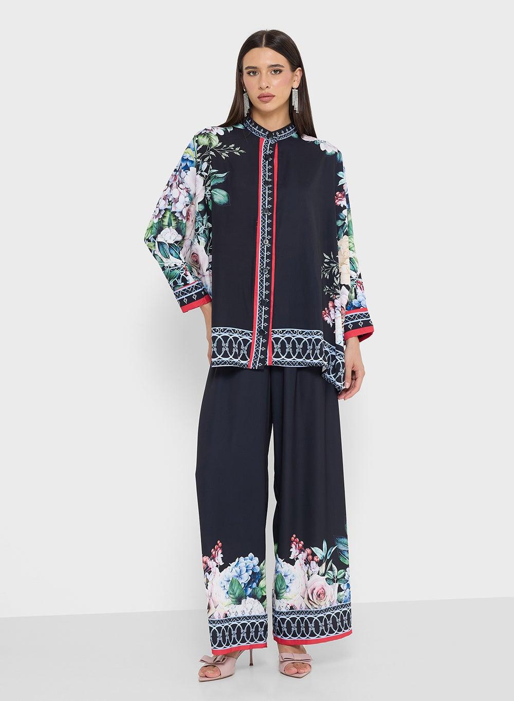 Floral Print Black Two-Piece Set with Red Trim - Image 1
