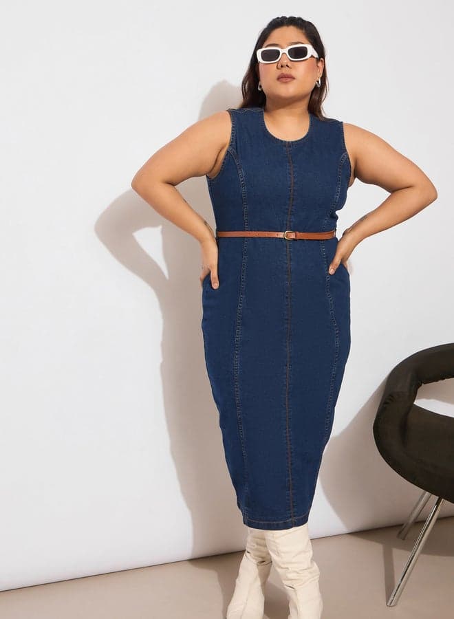 SASSAFRAS Plus Size Denim Sleeveless Belted Midi Dress - Image 1