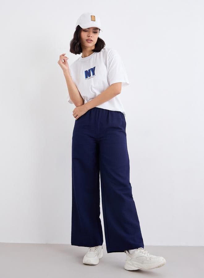 Navy Blue Textured Wide-Leg Casual Pants - Image 1