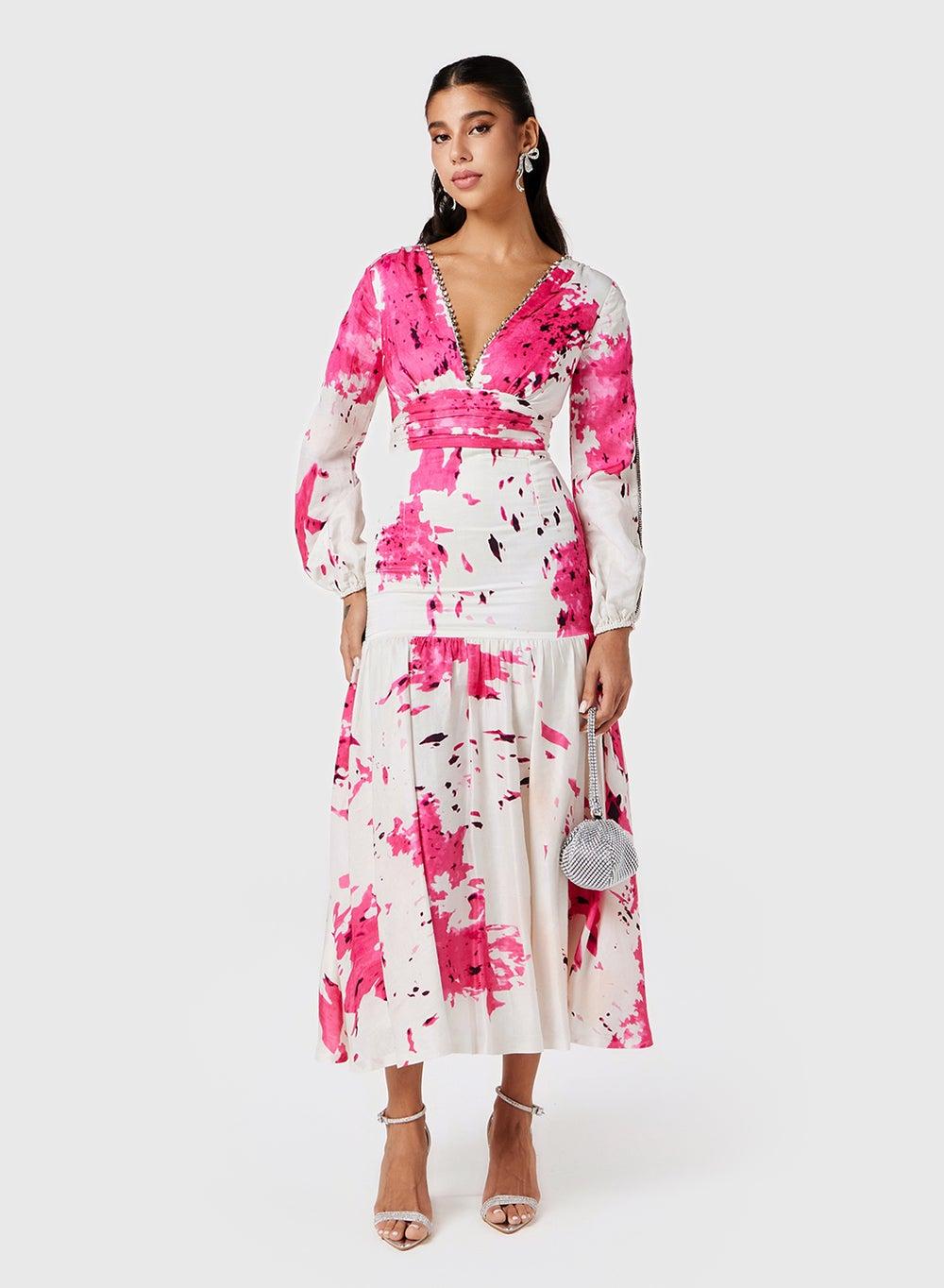 Watercolor Print Midi Dress with Deep V-Neckline - Image 1