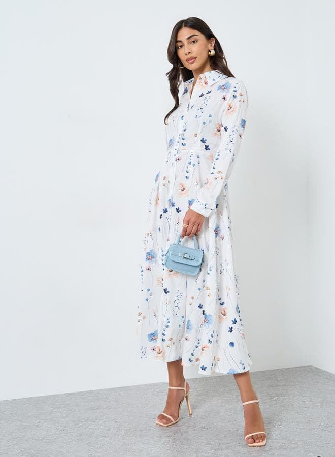 White Floral Collared Midi Dress with Long Sleeves - Image 1