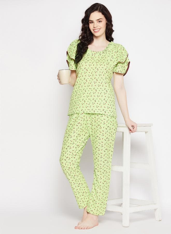 Clovia Printed Round Neck Top and Pyjama Set - Image 1