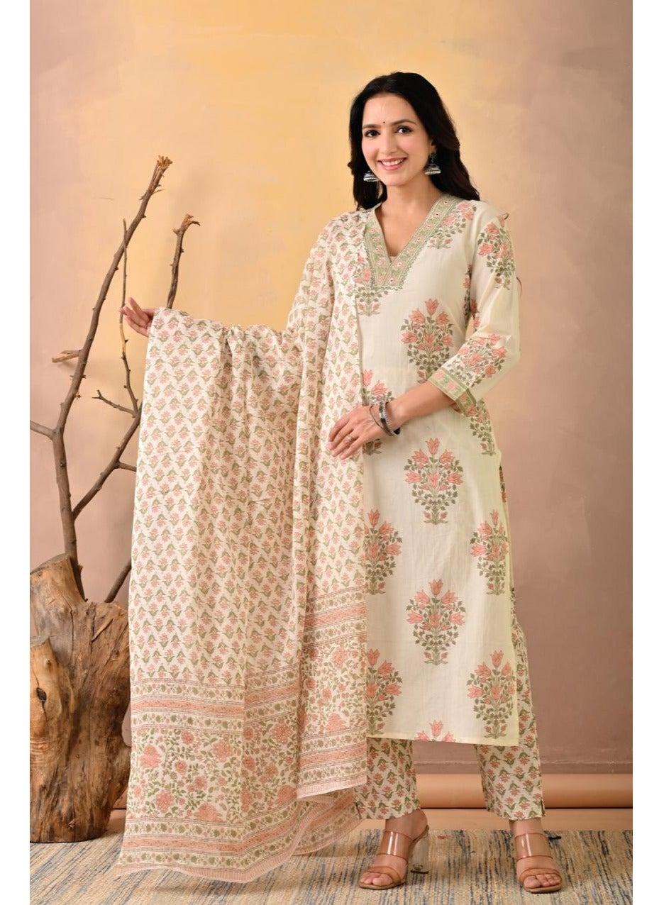Ivory Floral Handblock Kurta Set with Dupatta - Image 1