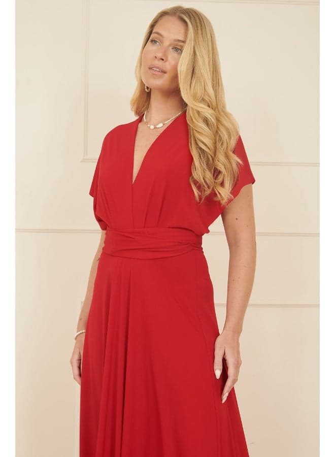 Crimson Faux-Wrap Maxi Dress with Waist Tie - Image 1