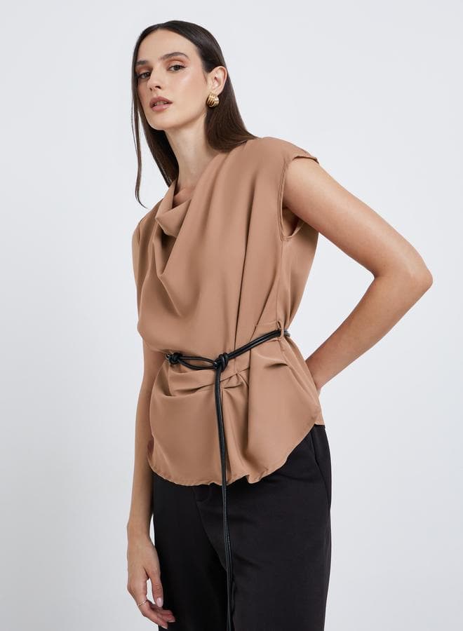 Styli Draped Sleeveless Blouse with Tie-Up Belt - Image 1
