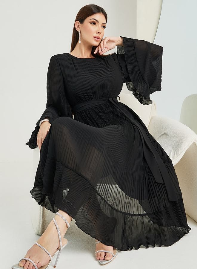 Plisse Flute Sleeve A-Line Midi Dress - Image 1