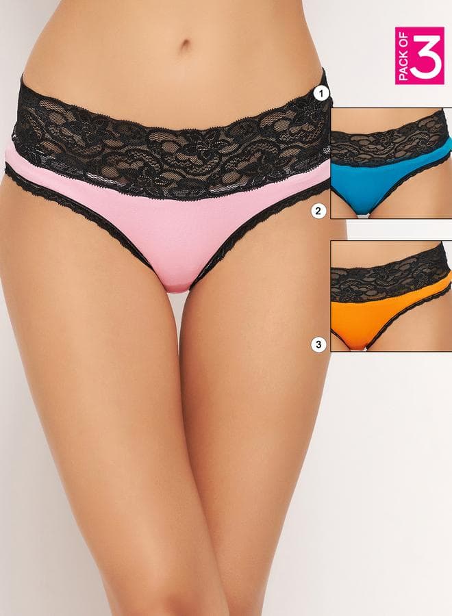 Set of 3 Mid Rise Hipster Panties with Lace Waist - Image 1