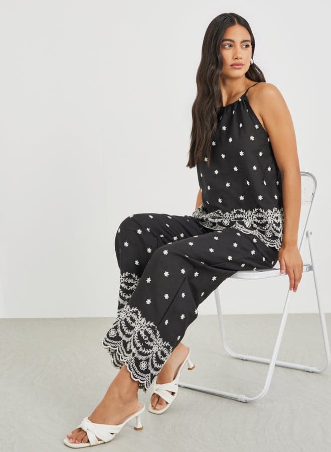 Printed Wide Leg Trousers with Lace Hem - Image 1