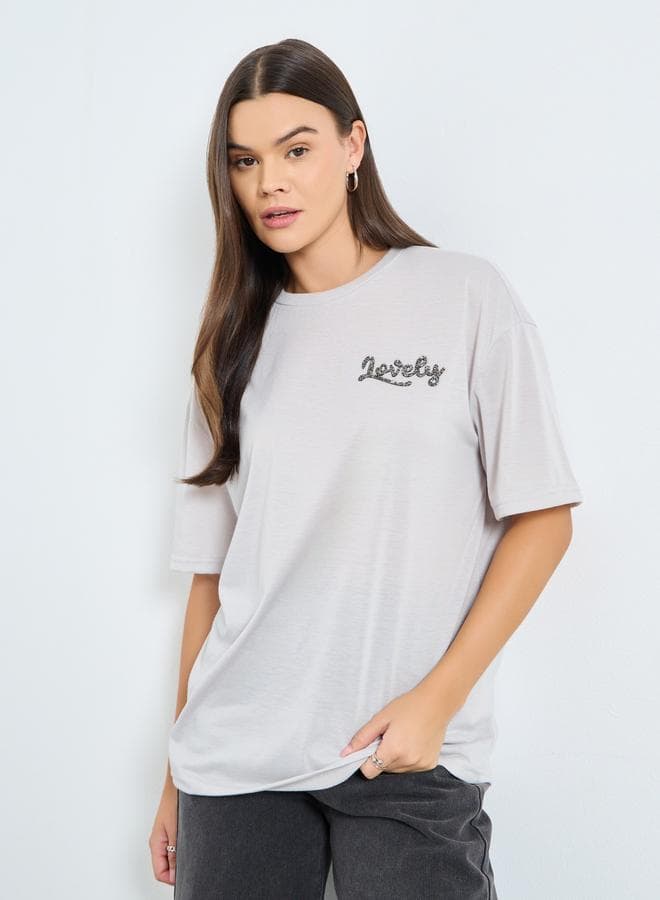 Styli Grey Lovely Oversized Slogan T-Shirt - Image 1