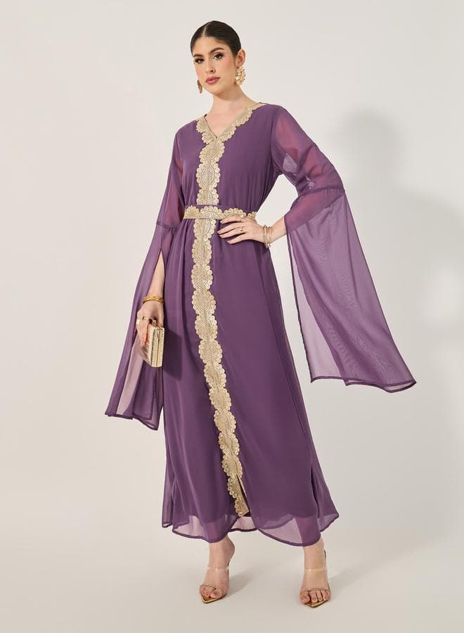 Lace Insert Cape Sleeve V-Neck A-Line Kaftan - Image 1