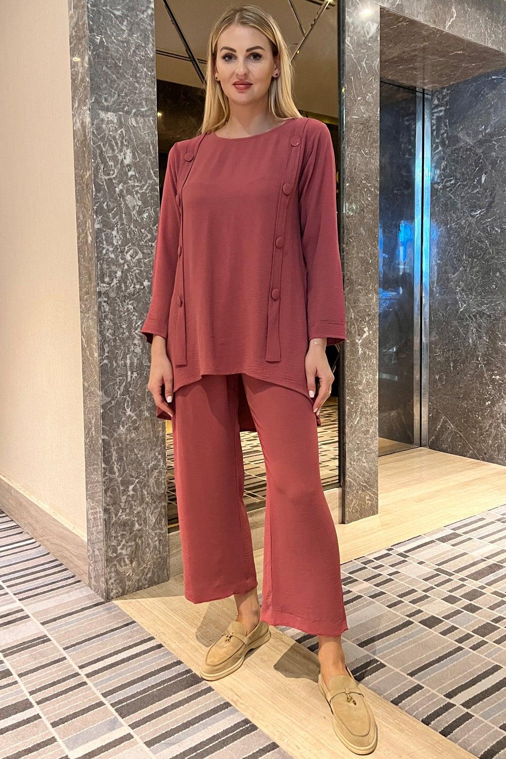 Crew Neck Button-Detailed Top and Pants Set - Image 1