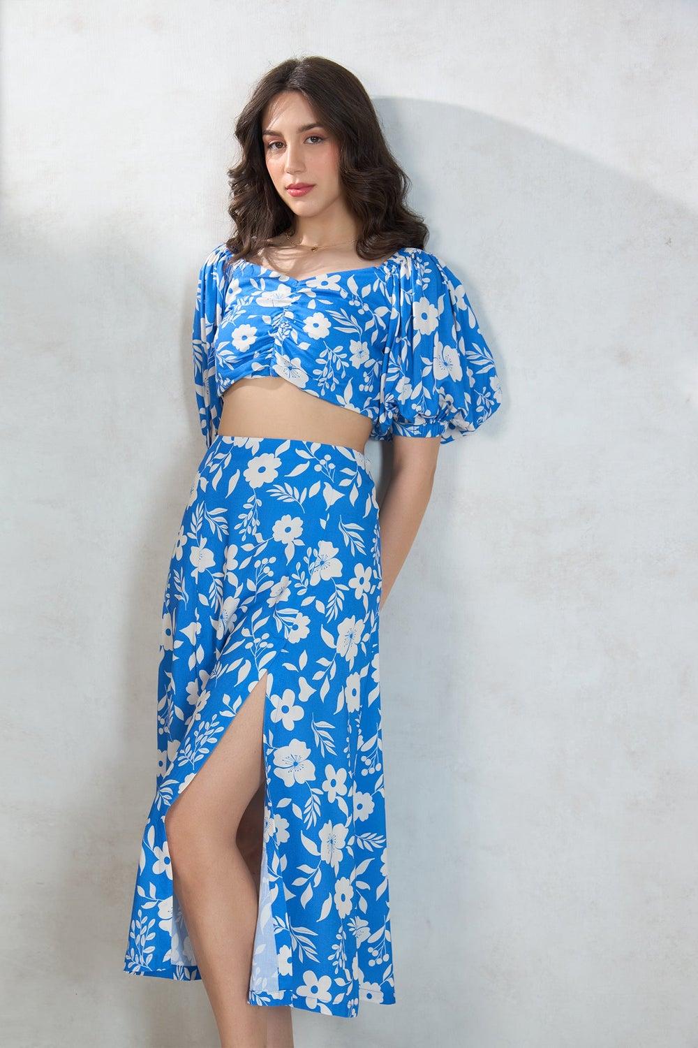 Virgio Women Blue Floral Midi Skirt with Slit - Image 1