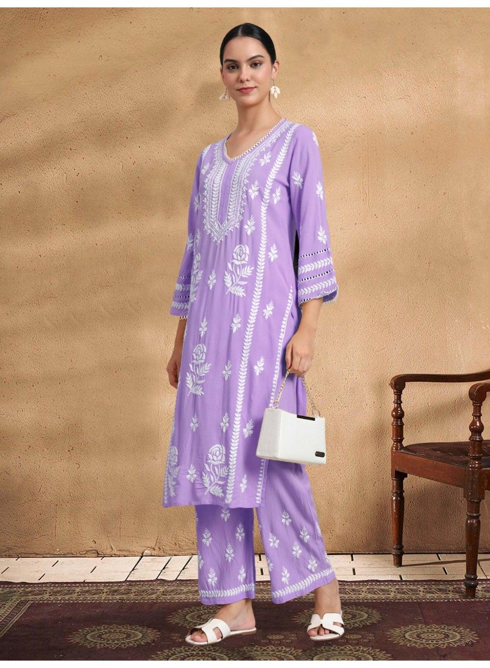 Hand Embroidered Lucknowi Chikankari Rayon Kurta Set AL4078KS - Image 1