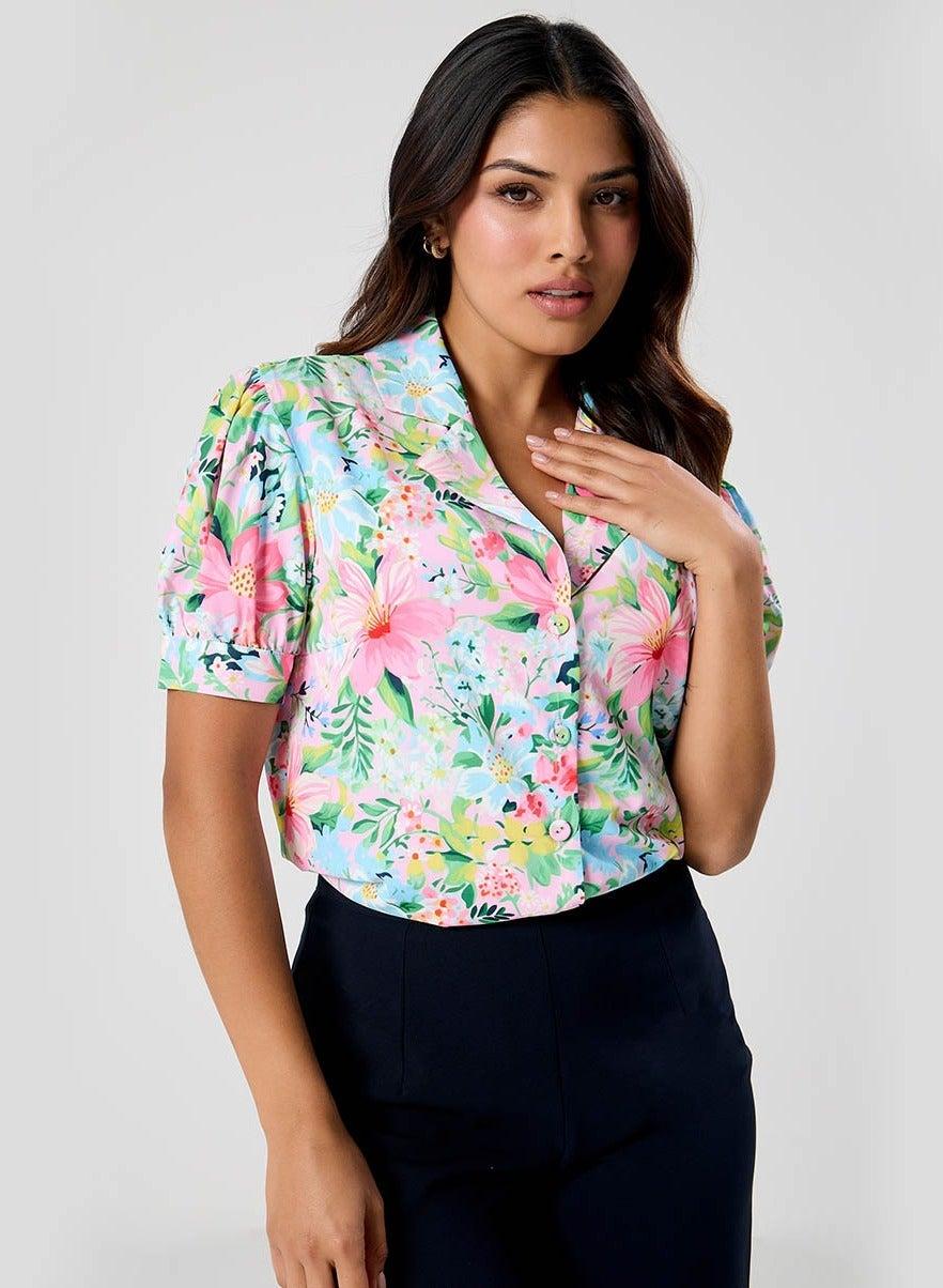 Deep V-Neck Lapel Printed Blouse - Image 1