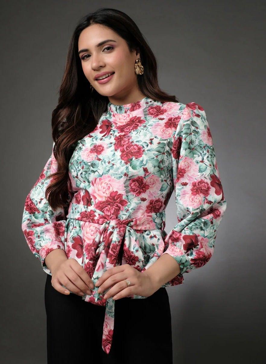 Puffed Sleeve Floral Peplum Top - Image 1
