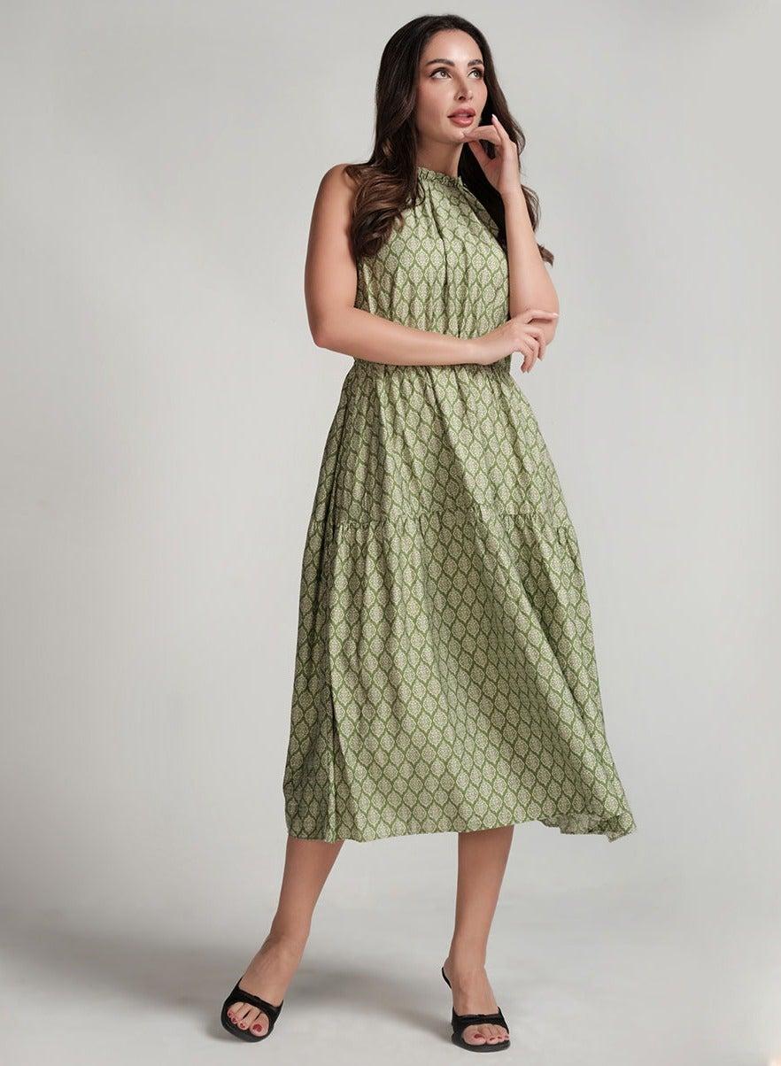 Light-Green Halter Tiered Midi Dress - Image 1