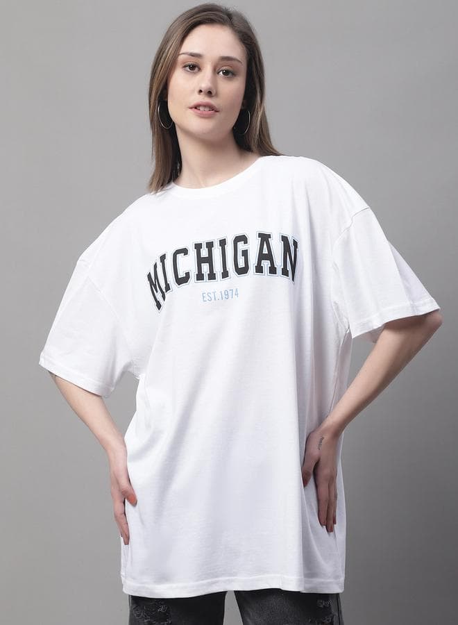 Women White Oversized Slogan Print T-Shirt - Image 1