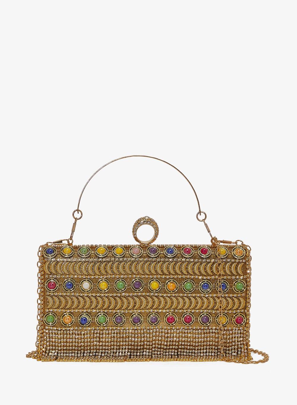 Gold Detailed Embellished Handle Clutch - Image 1
