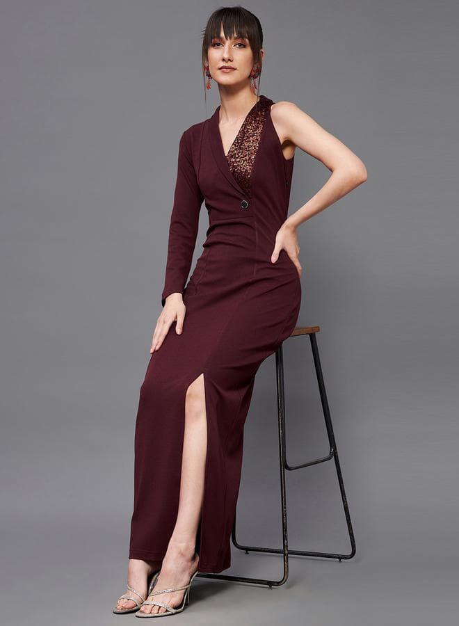 Burgundy One-Shoulder Sequined Maxi Dress - Image 1