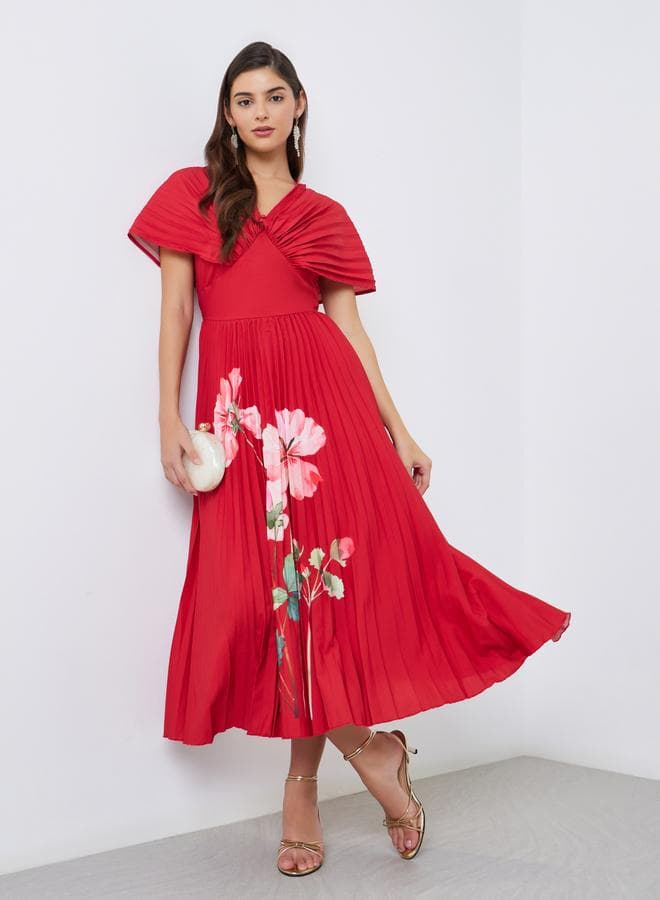 Styli Red Floral Pleated Midi Dress - Image 1