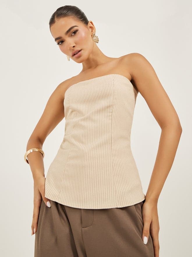 Beige Striped Strapless Bandeau Top - Image 1