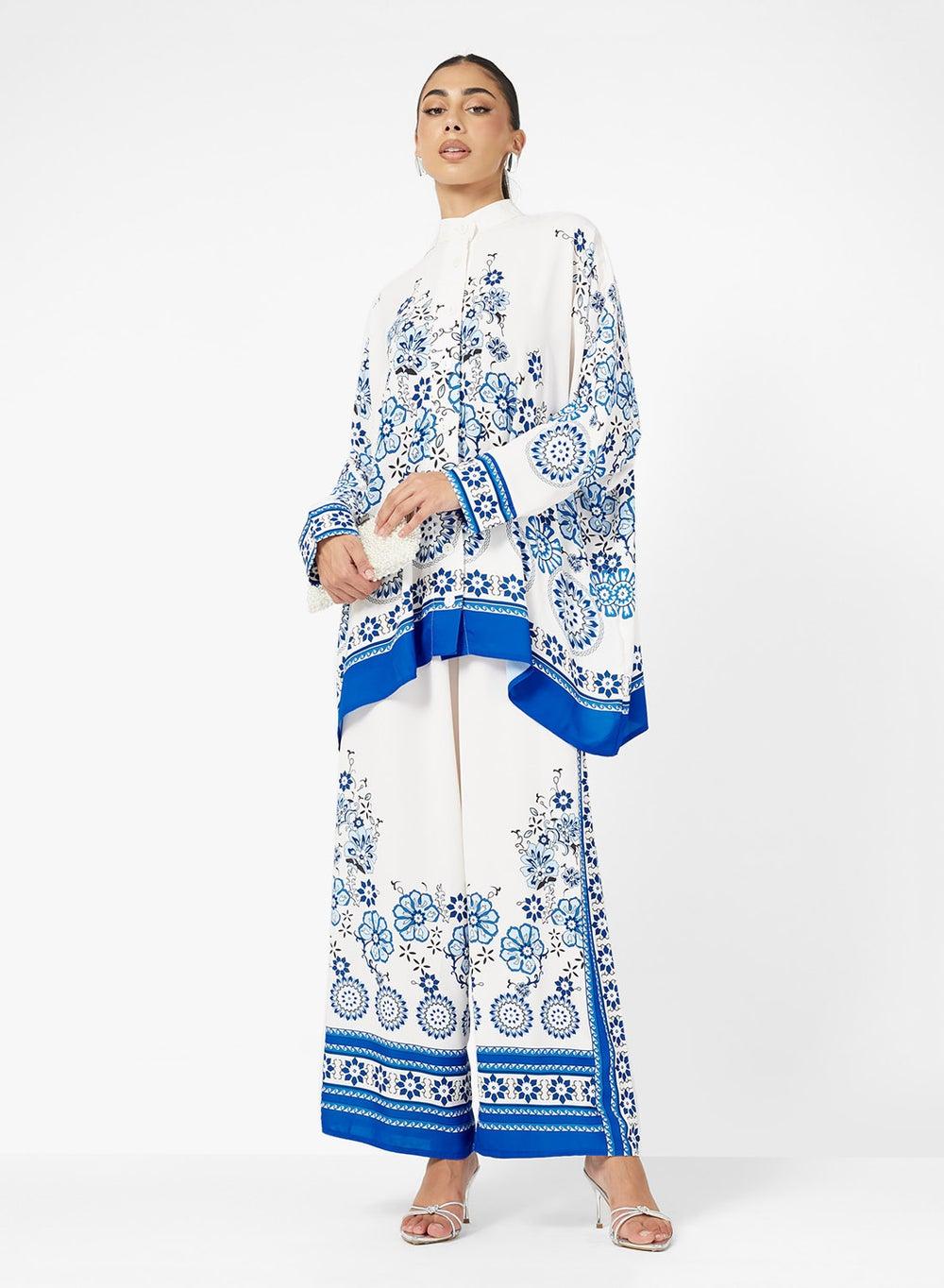 White & Blue Floral Print Two-Piece Kaftan Set - Image 1