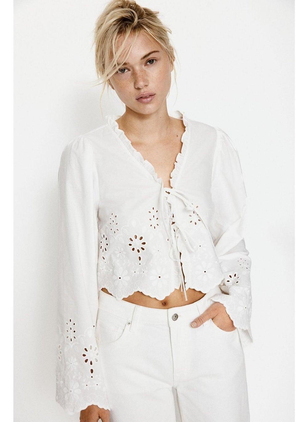 Broderie Anglaise Cotton Cropped Blouse - Image 1