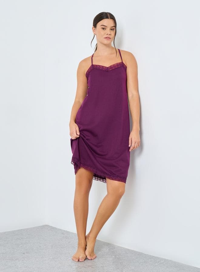 Styli Burgundy Peep Open Back Lace Slip Dress - Image 1