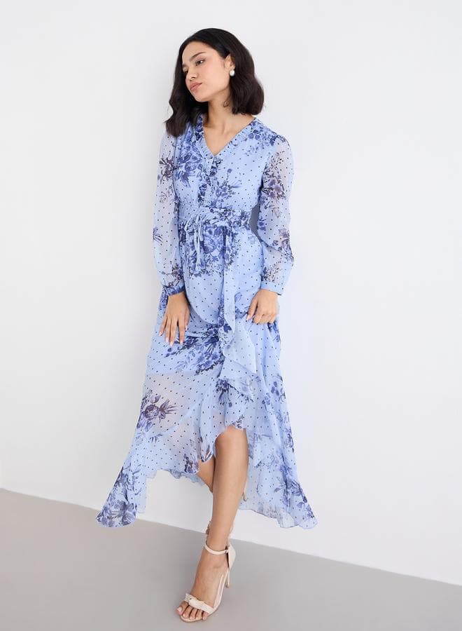 Styli Light Blue Floral Maxi Dress with Ruffle Edge - Image 1
