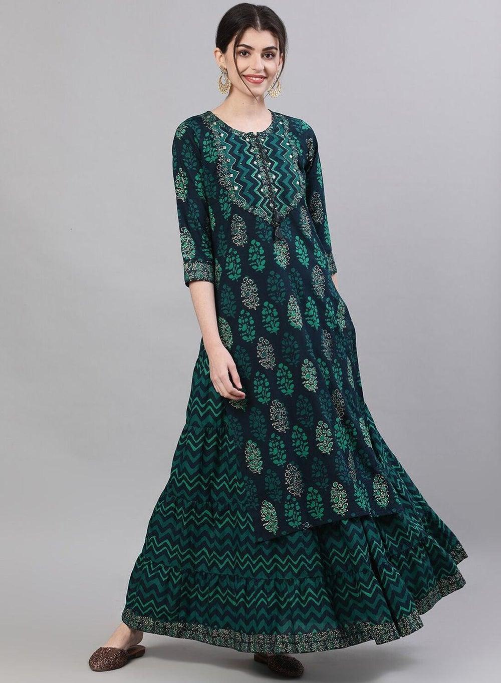 Navy Blue Cotton Self Design Full Length Palazzo Kurta Set - Image 1