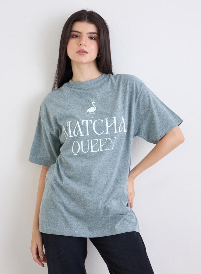 Styli Green Oversized Melange Graphic T-Shirt - Image 1