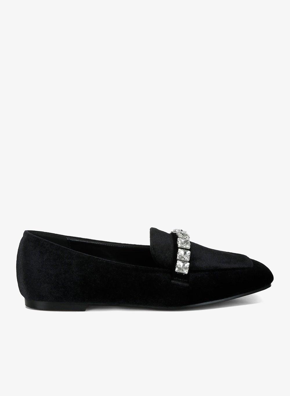 Black Velvet Diamante Strap Loafers - Image 1