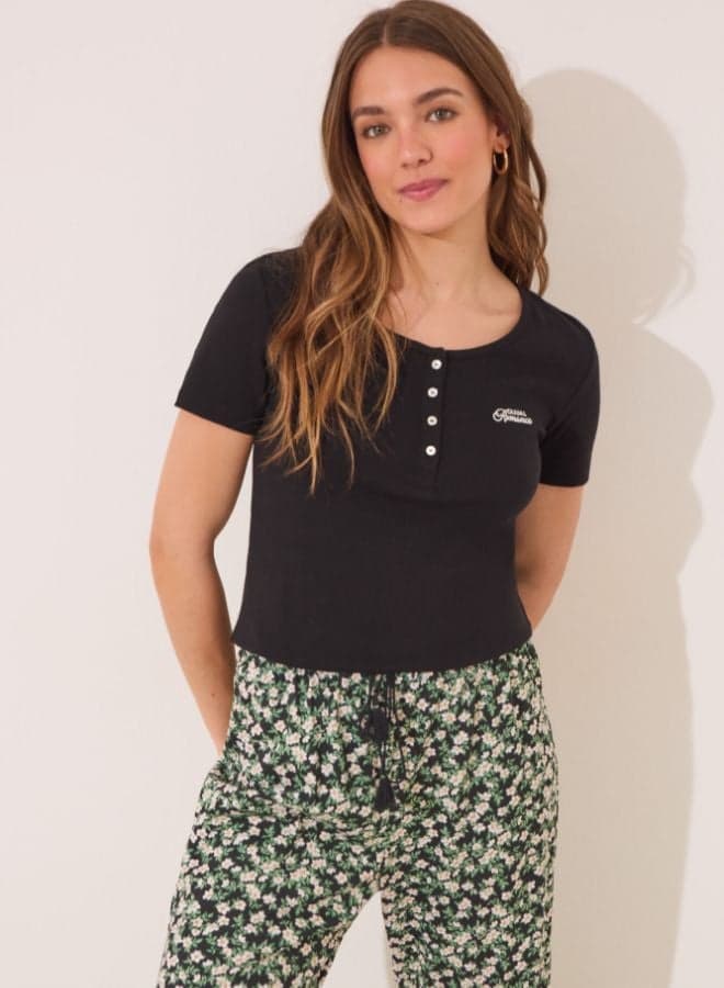 Long Black Ribbed Cotton Pajamas - Image 1