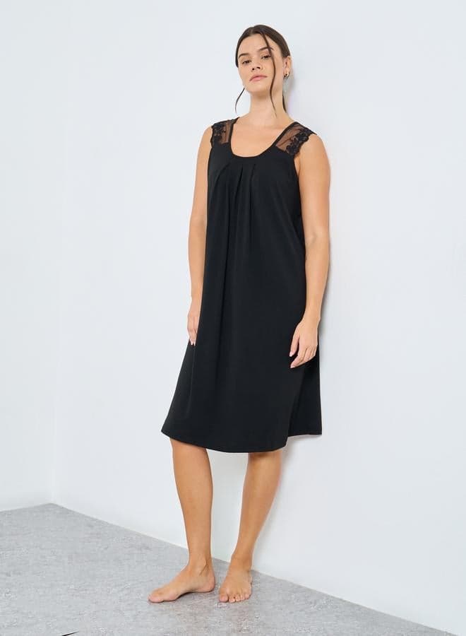 Styli Front Pintuck Shoulder Lace Detail Slip Dress - Image 1