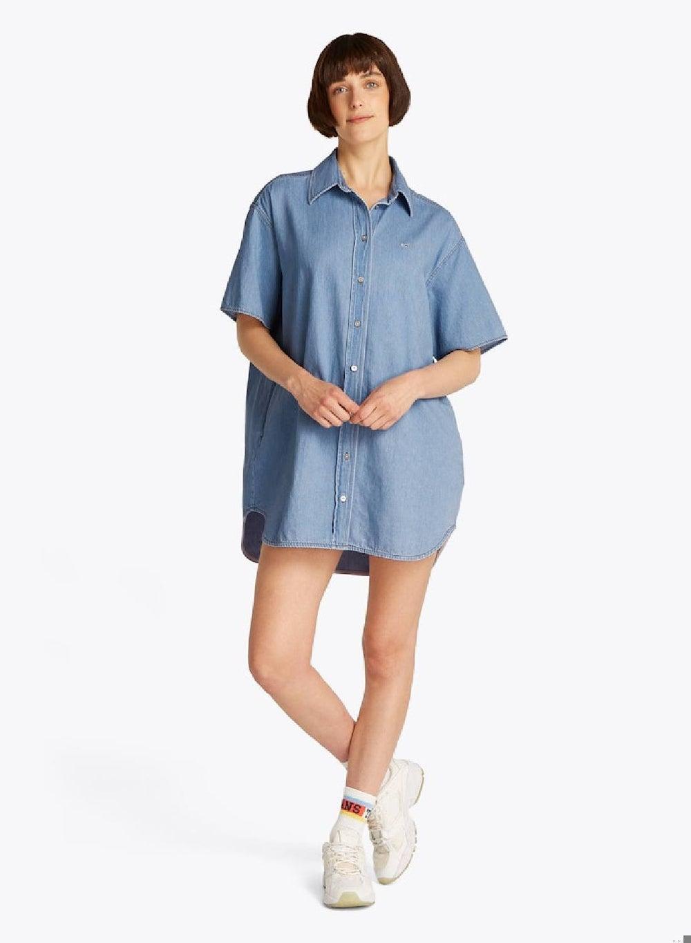 Light Blue Denim Mini Dress with Collared Neckline - Image 1
